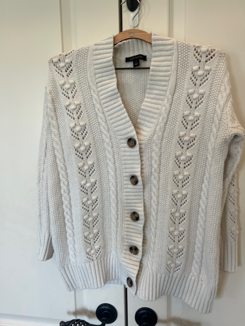 Ann Taylor Cream Cable Knit Button-Front Cardigan